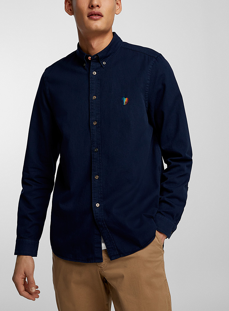 PS Paul Smith Marine Blue Embroidered zebra twill shirt for men