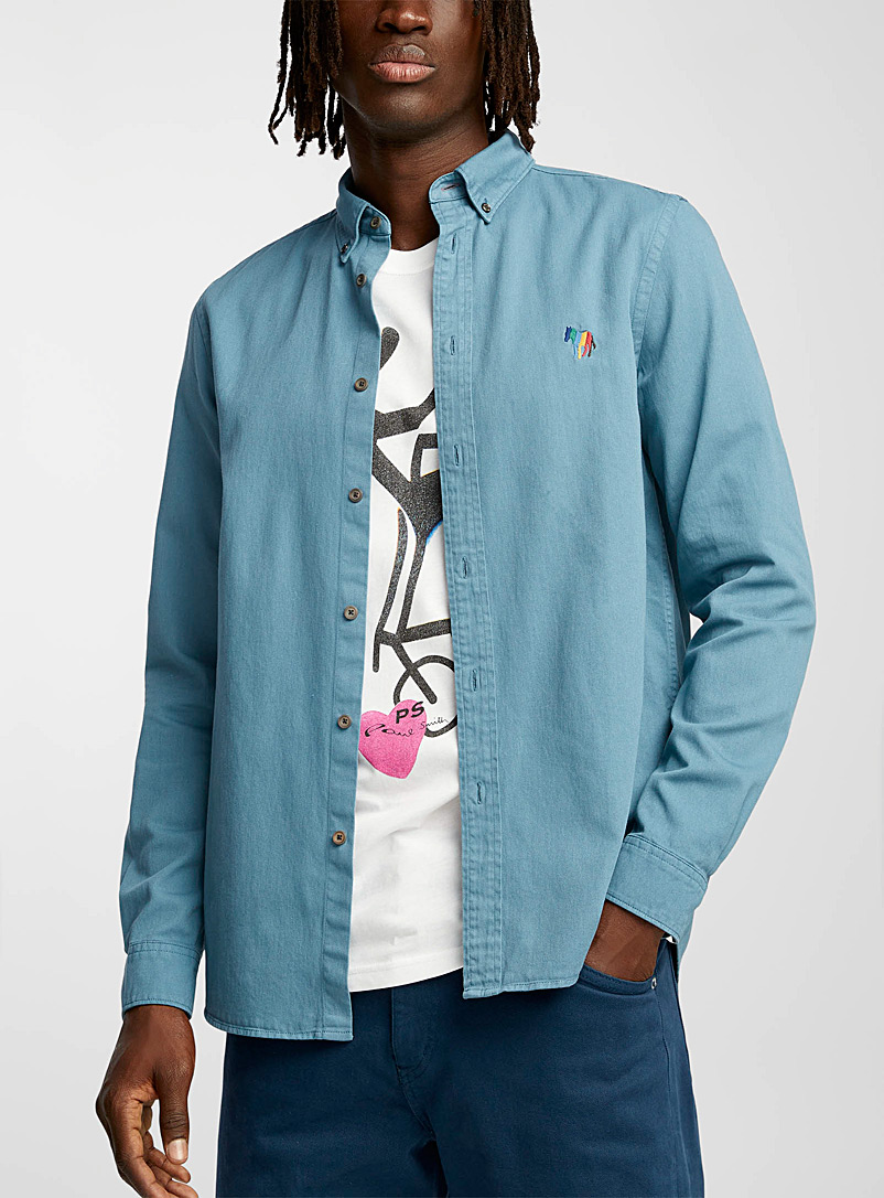 PS Paul Smith Baby Blue Embroidered zebra teal twill shirt for men