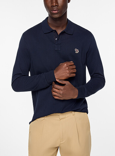 PS Paul Smith: Le polo piqu&eacute; manches longues z&egrave;bre color&eacute; Bleu marine - Bleu nuit pour homme
