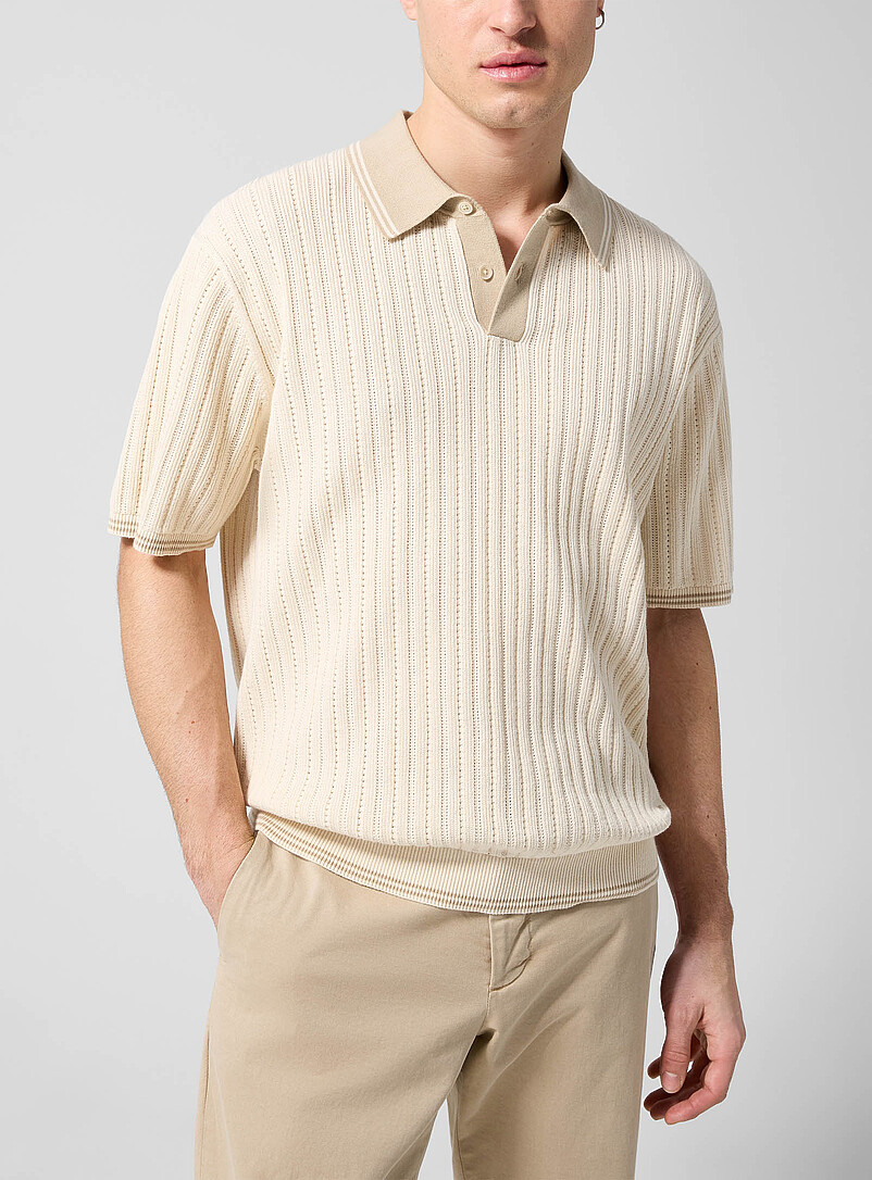 Contrasting Collar Pointelle Pattern Polo Shirt