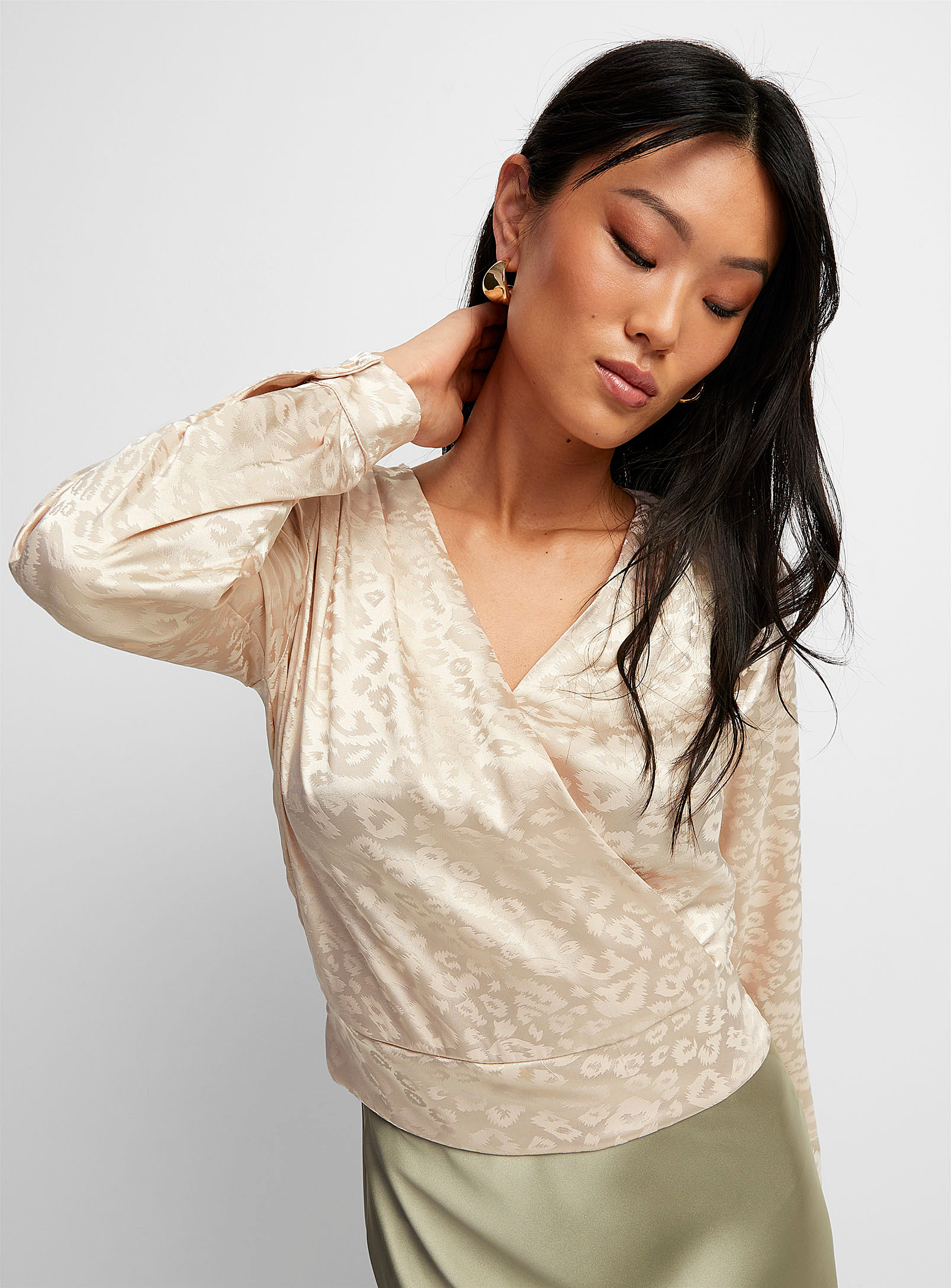 Icone Satiny Jacquard Crossover Blouse In Off White