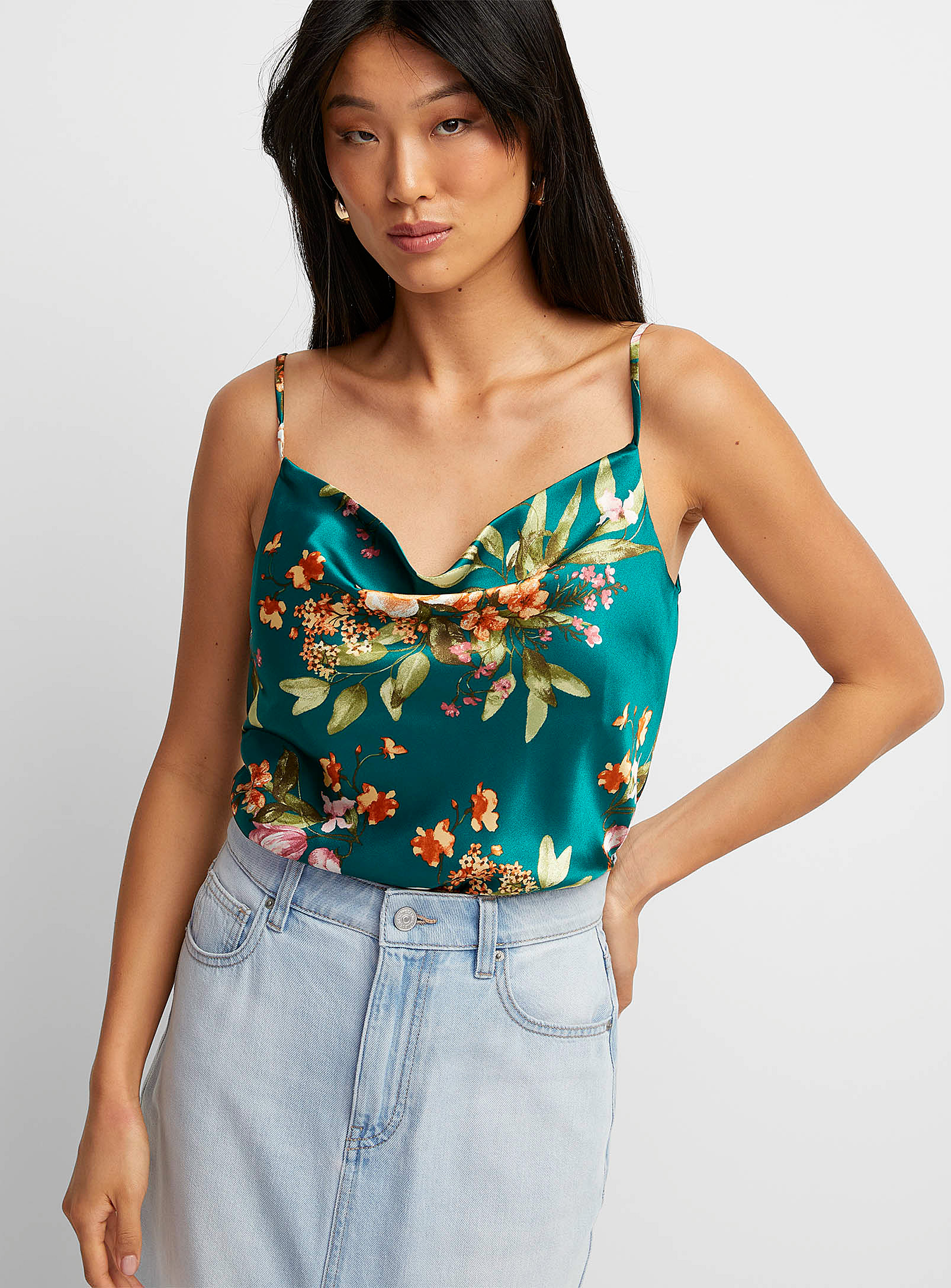 Icone Floral Satin Draped Collar Cami In Green