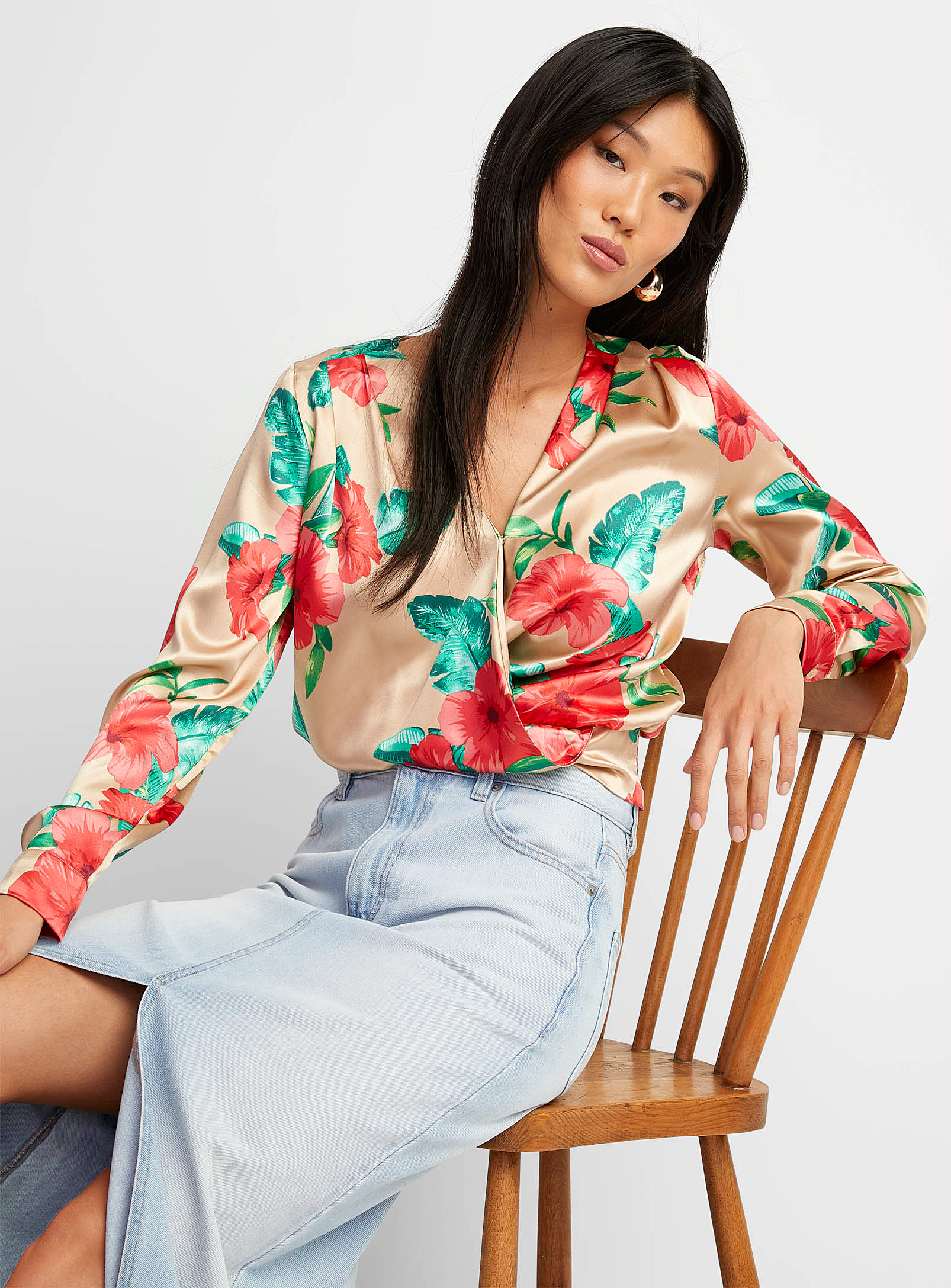 Icone Floral Satin Crossover Blouse In Patterned Ecru