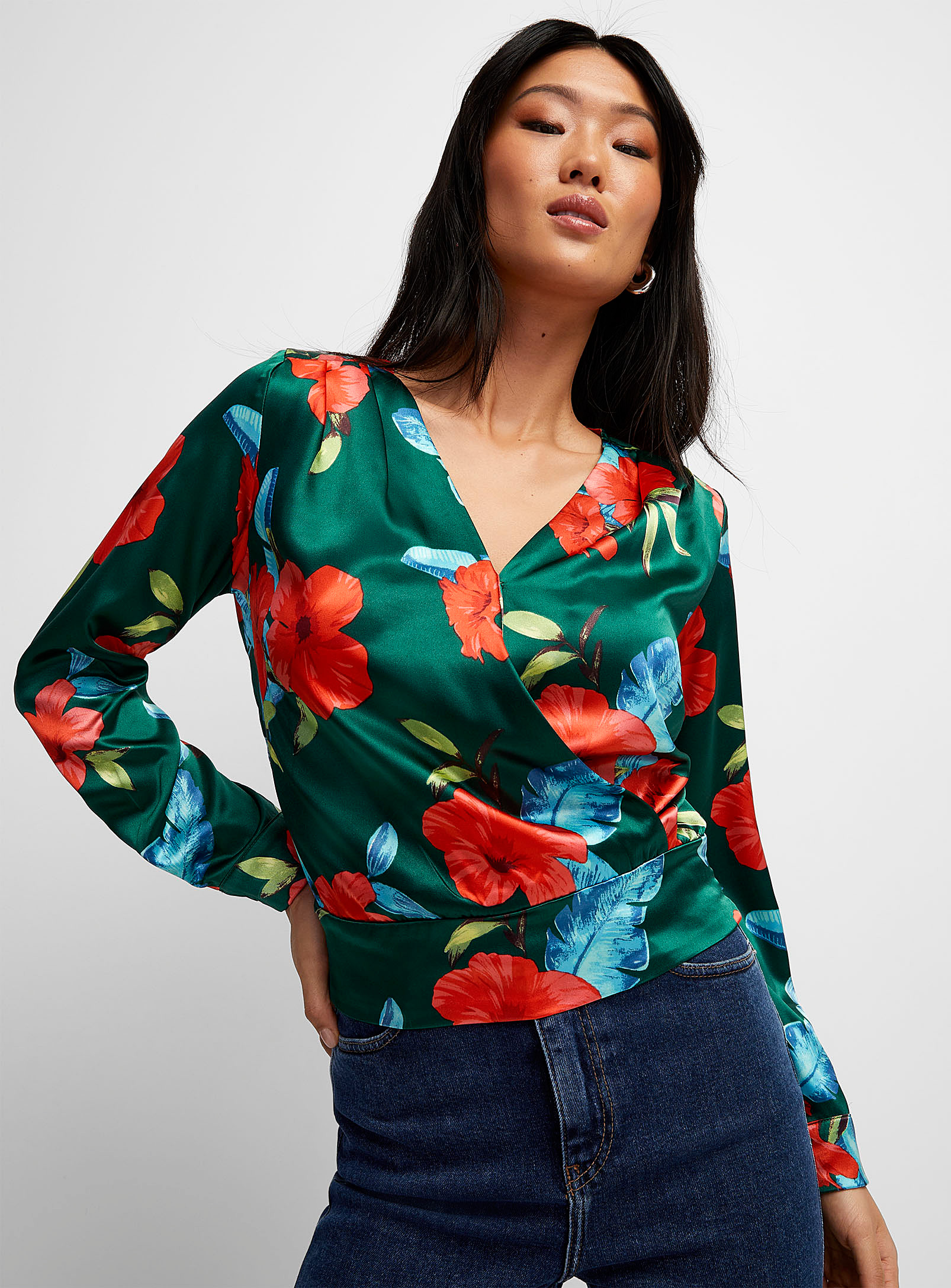 Icone Floral Satin Crossover Blouse In Patterned Green
