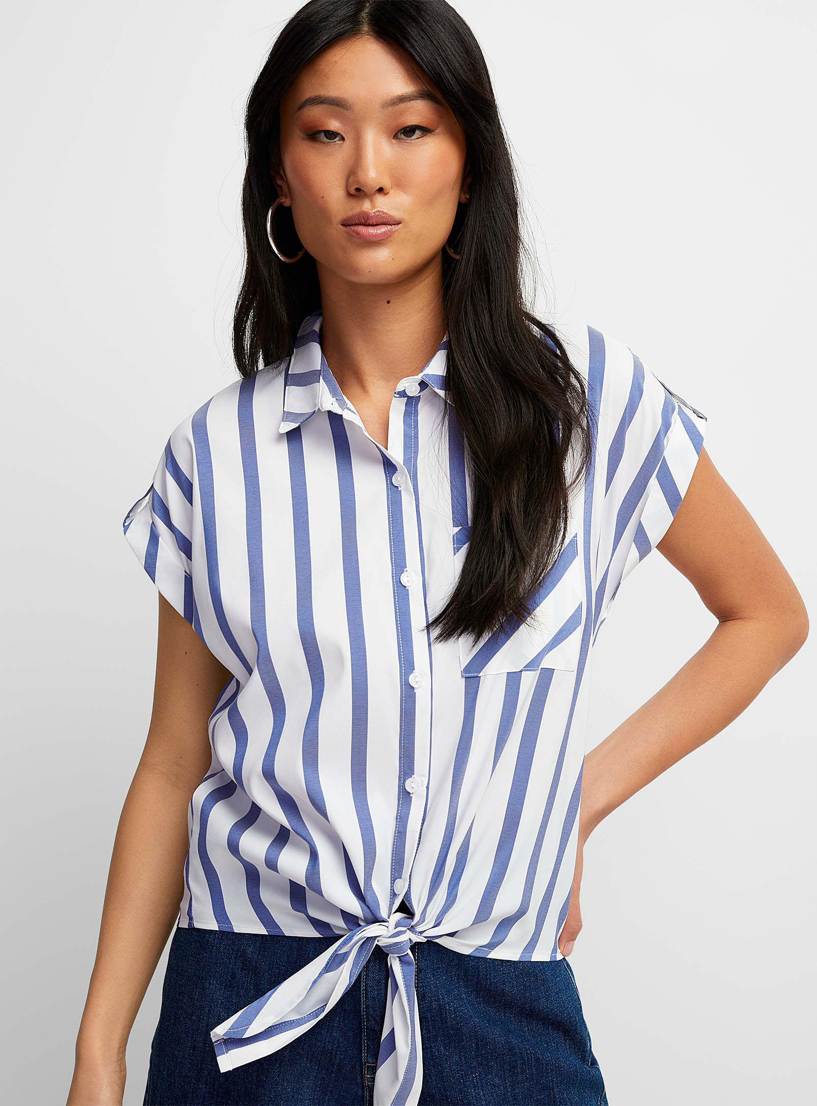 Icone Tie-waist Striped Blouse In Patterned Blue