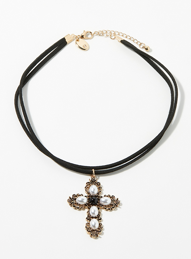 Simons Black Pearly cross velvet necklace for women