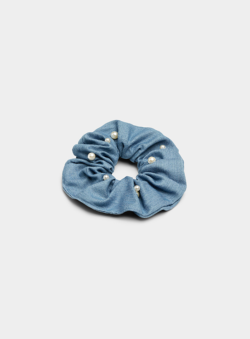 Simons Blue Pearly-bead denim scrunchie for women