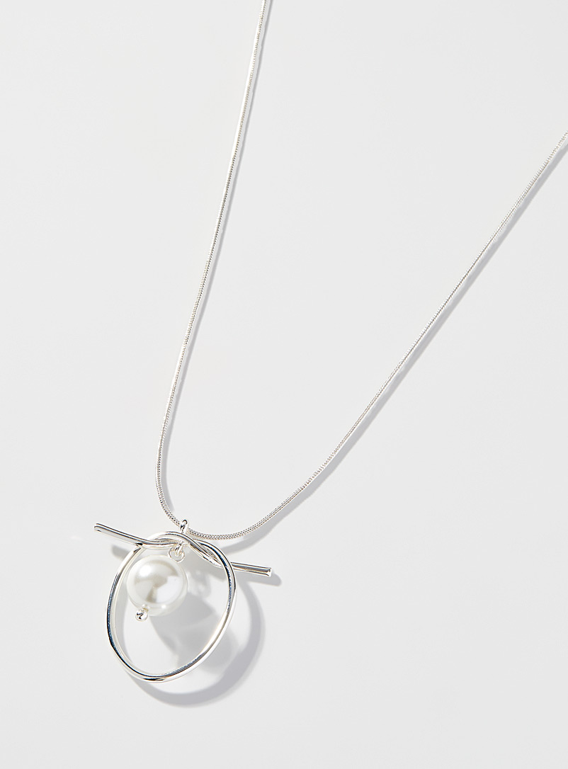 Simons Silver Long pearl and bow necklace for women