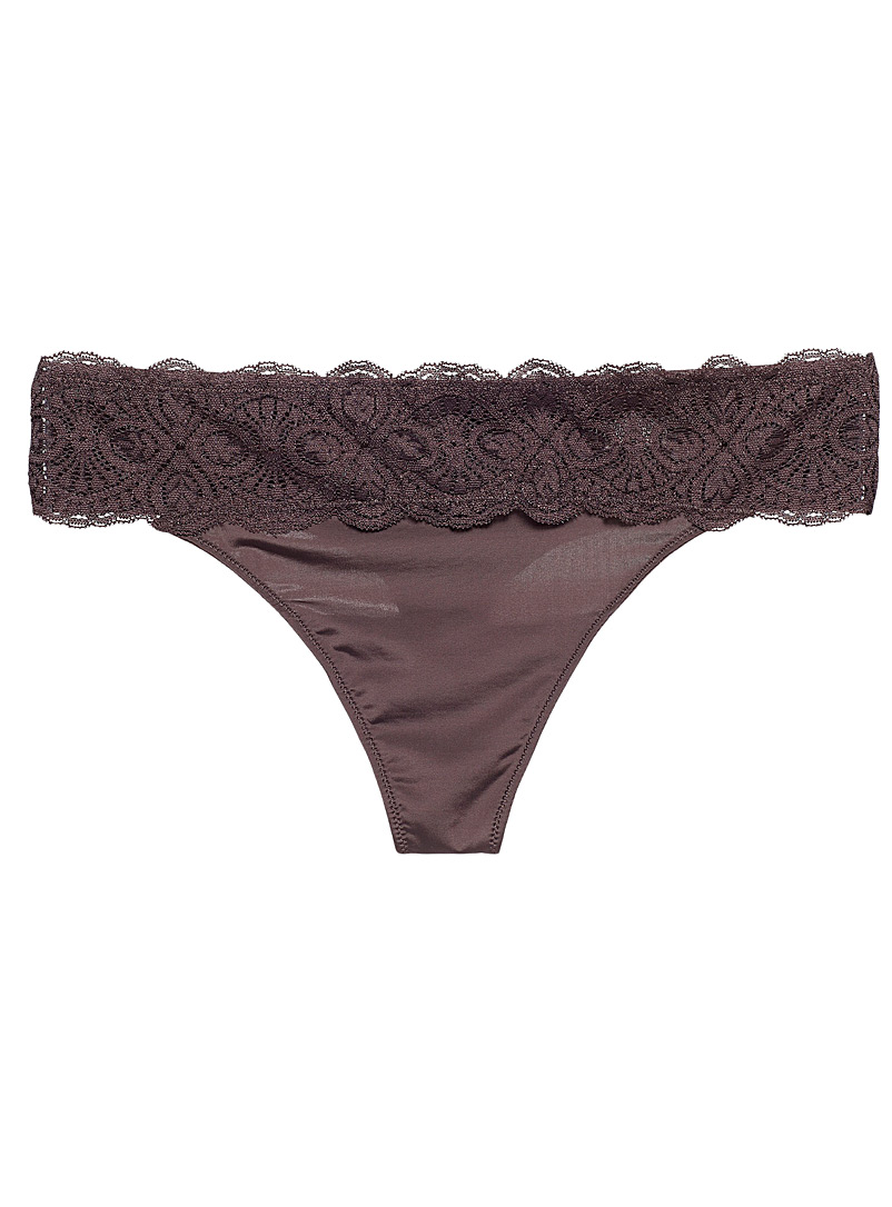 Miiyu Dark Brown Microfibre and lace thong for women
