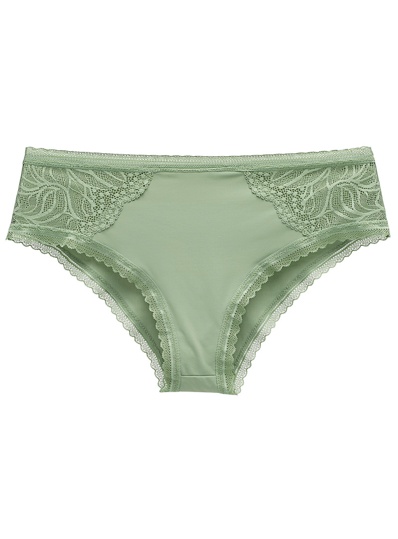 Miiyu Mossy Green Recycled nylon lace and microfibre hipster for women