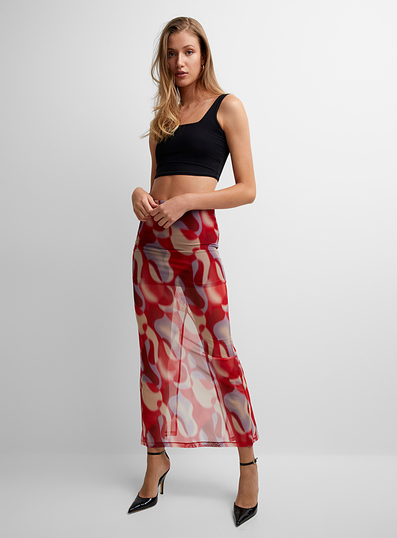 Icône Patterned Red Micromesh back slit long skirt for women