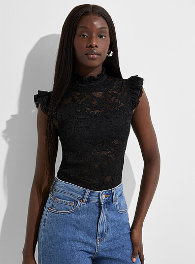Stretch lace ruffled collar bodysuit