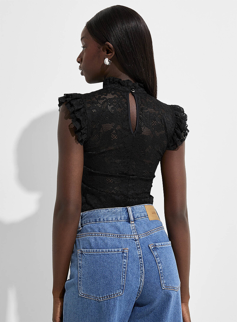 Ic&ocirc;ne: Le justaucorps col frison dentelle extensible Noir pour femme