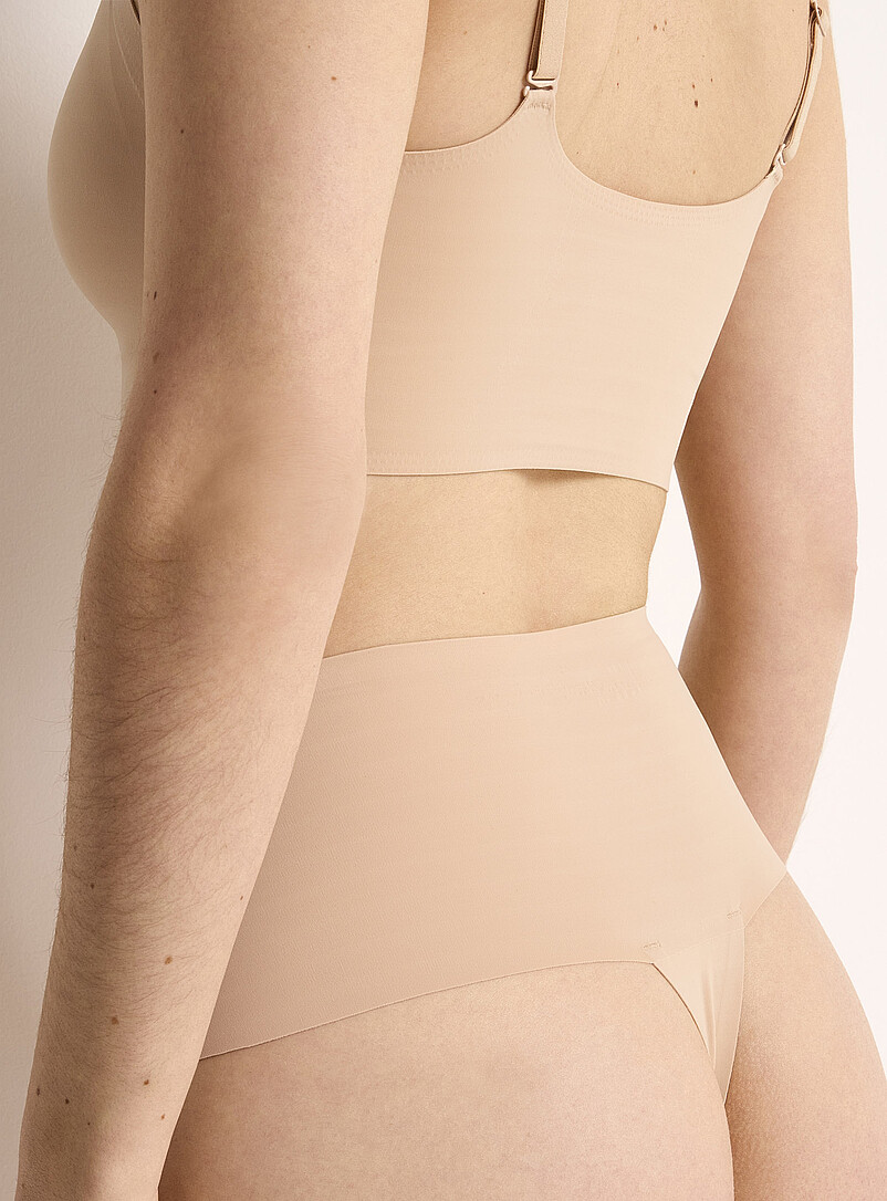 Miiyu Beige/Greige Laser-cut stretch high-waist thong Recycled nylon for women