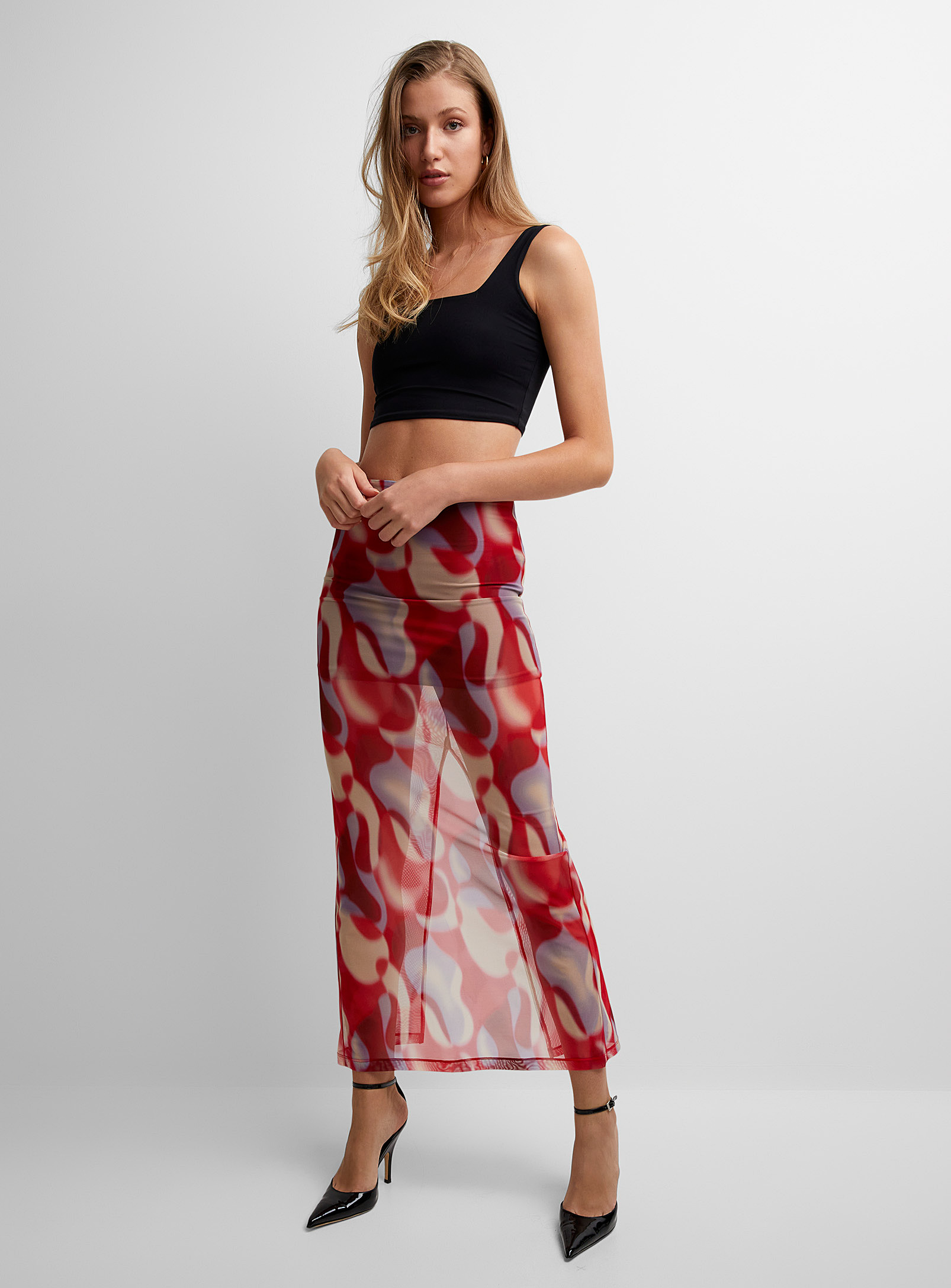 Icone Micromesh Back Slit Long Skirt In Patterned Red