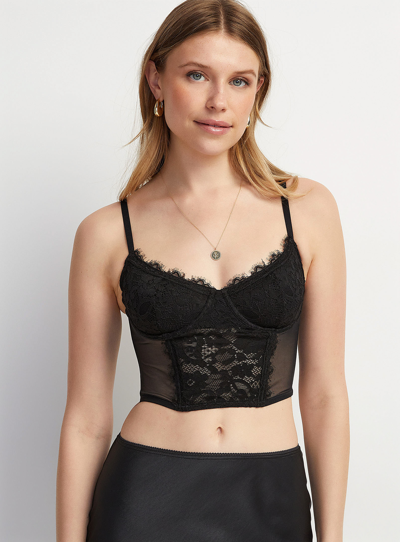 Icone Micromesh And Lace Cropped Bustier In Black