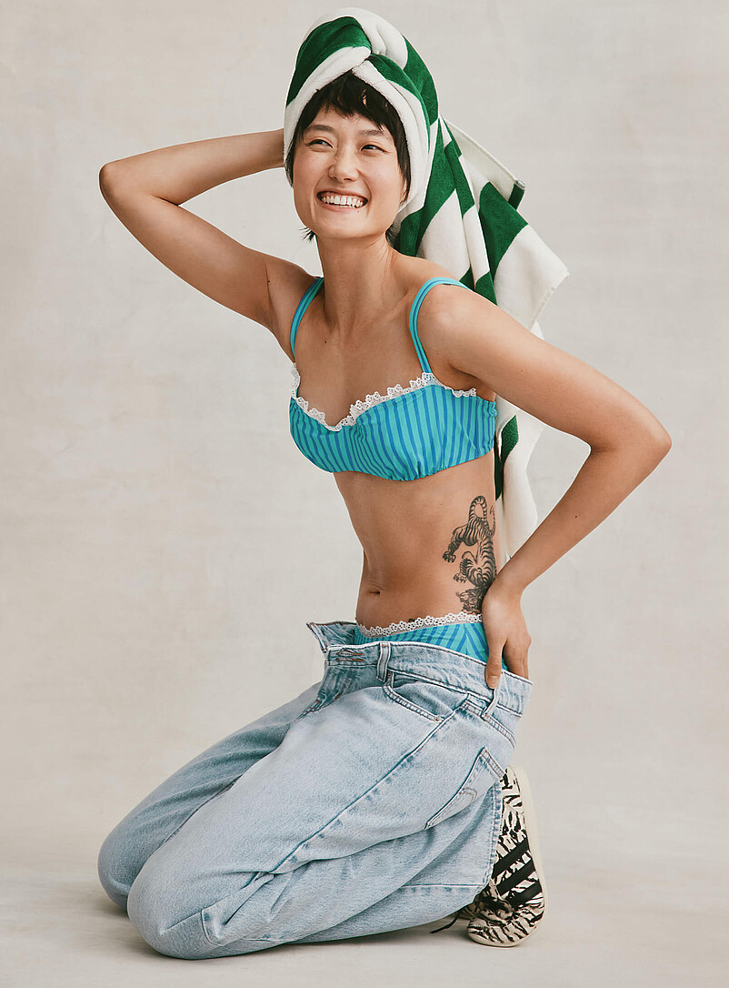 Bright striped lace-trim balconette bra product image (primary)