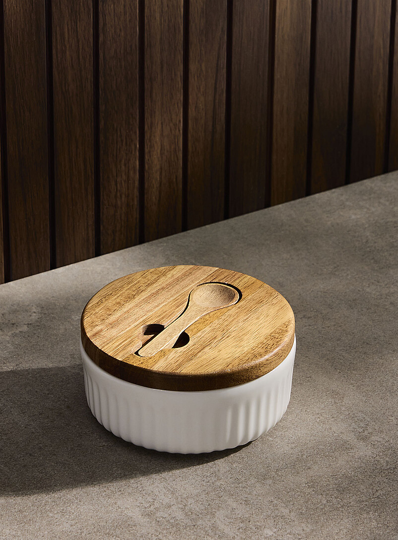 Small Wood And Porcelain Salt Cellar