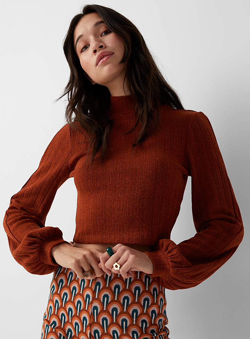 Twik Cherry Red Bubble-sleeve cropped mock neck for women
