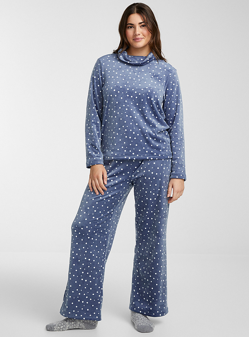 Miiyu Slate Blue Patterned plush pyjama set for women