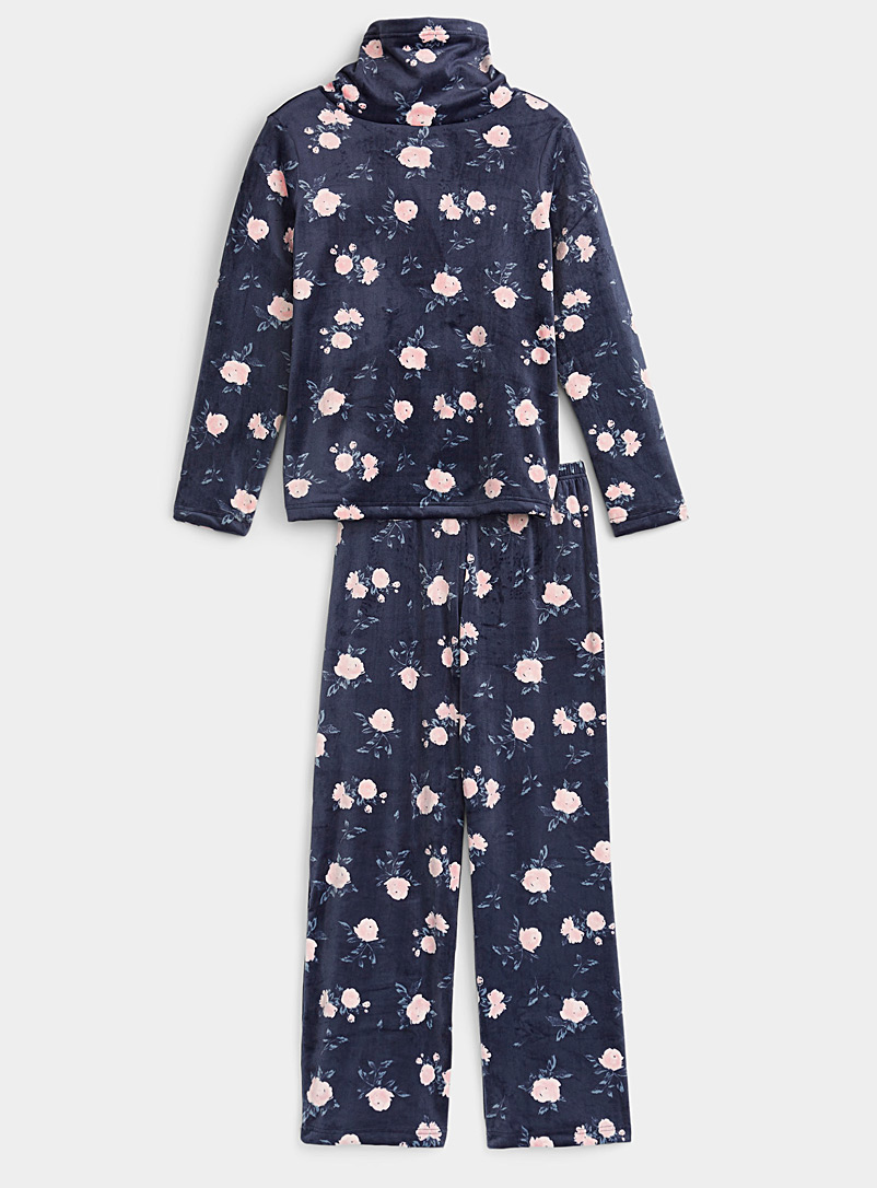 Miiyu Patterned Blue Patterned plush pyjama set for women