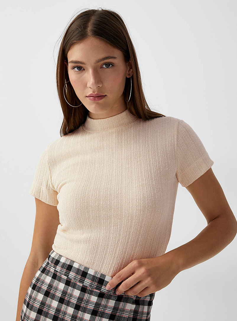 Twik White Ribbed cropped mock-neck T-shirt for women