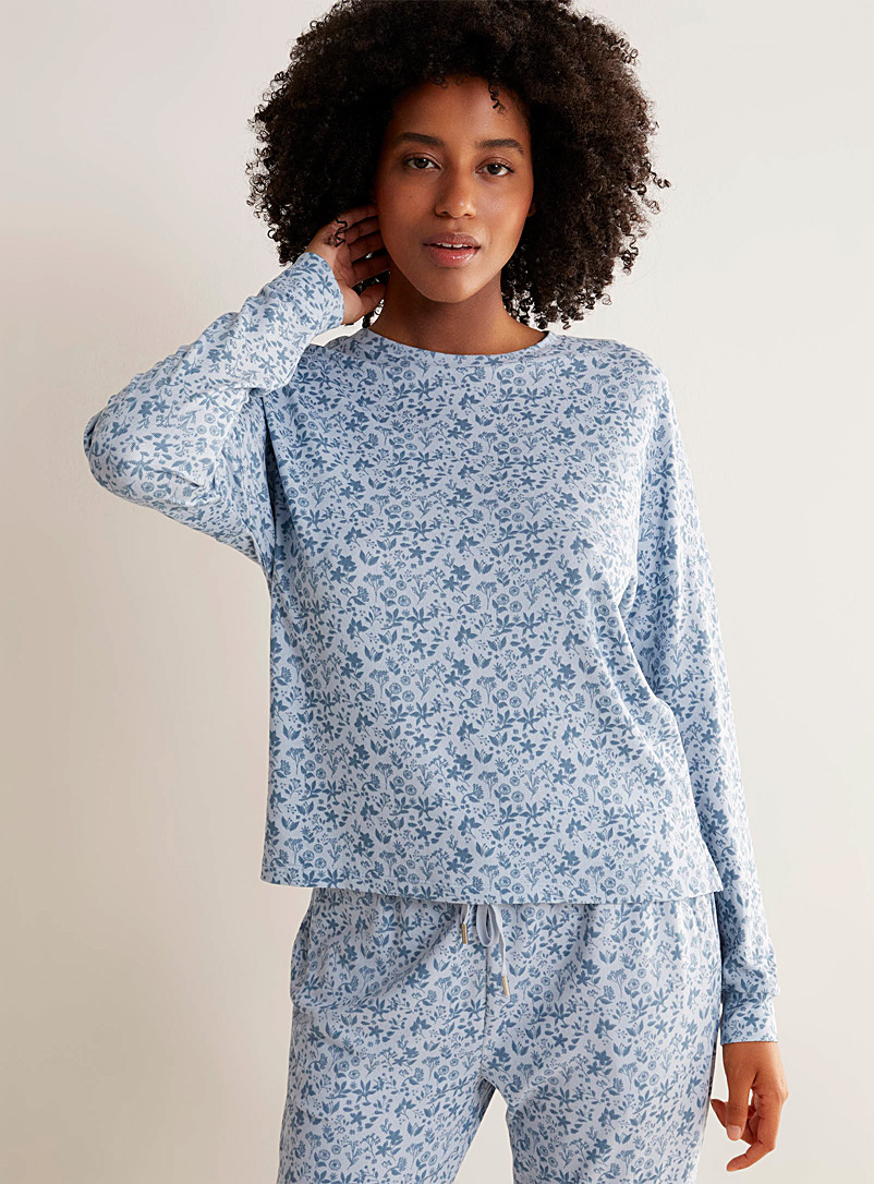 Miiyu: Le t-shirt détente col rond tricot velouté Bleu à motifs pour femme