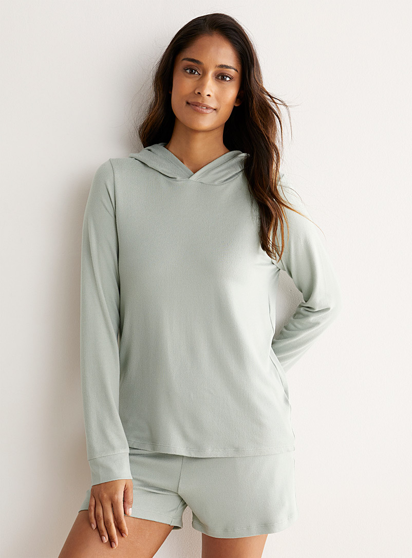 Miiyu Green Fine rib-knit hooded sweatshirt for women