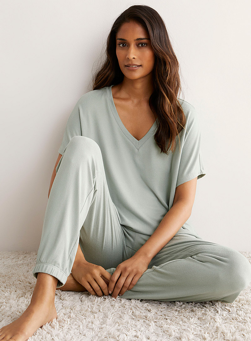 Miiyu Green Fine rib-knit lounge T-shirt for women
