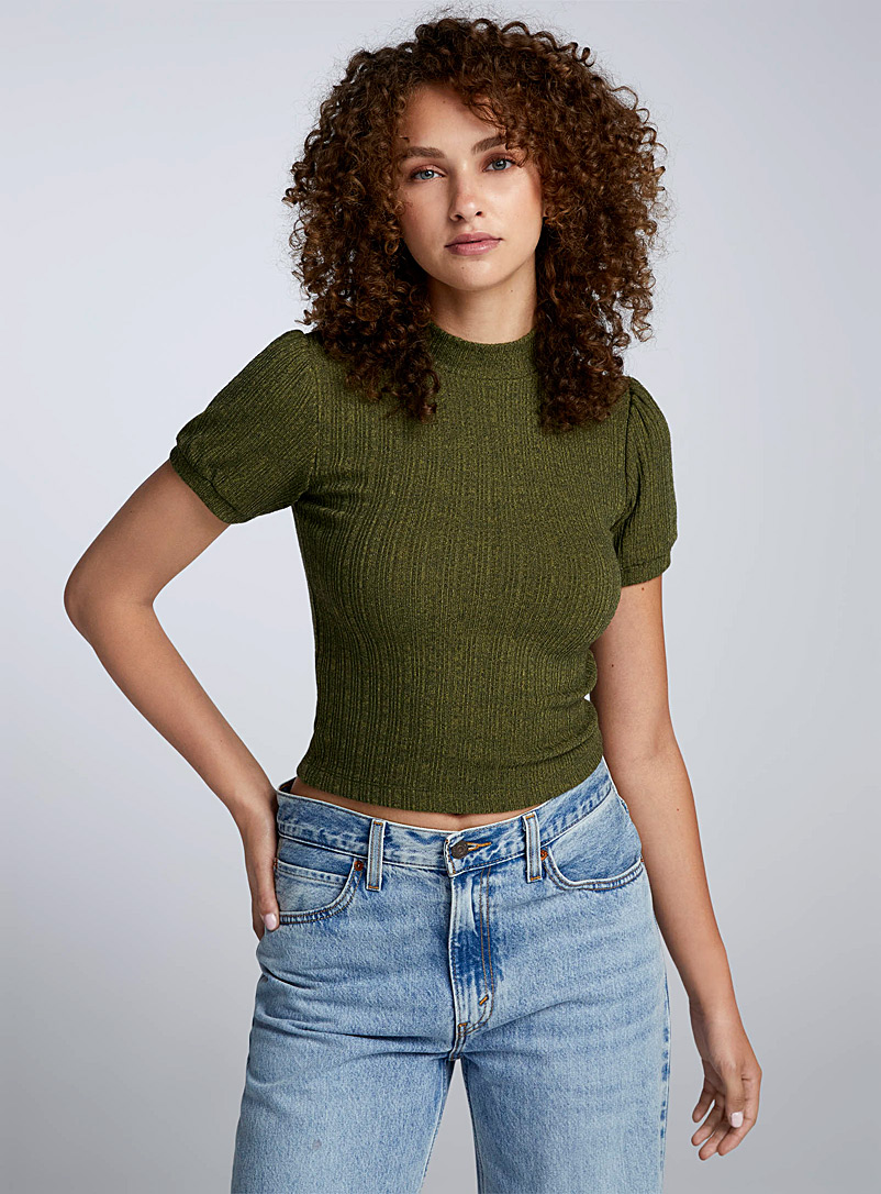 Twik: Le t-shirt côtelé manches bouffantes Vert pour femme