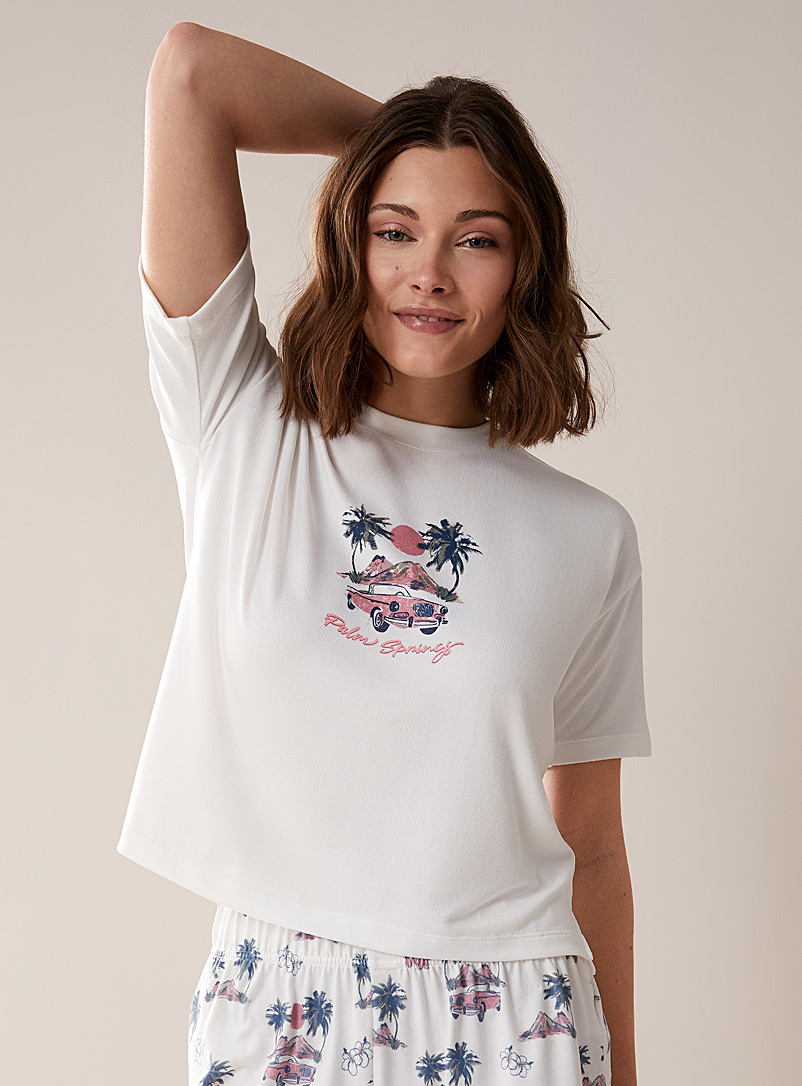 Miiyu x Twik Ivory/Cream Beige Patterned velvety recycled lounge T-shirt for women