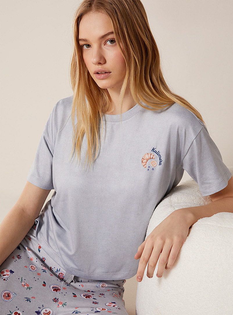 Miiyu x Twik Light Grey Patterned velvety recycled lounge T-shirt for women