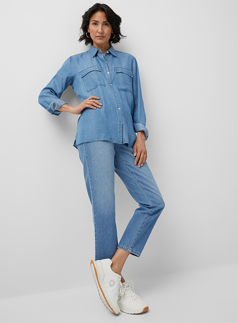 Contemporaine Baby Blue Worn details relaxed mom jean for women