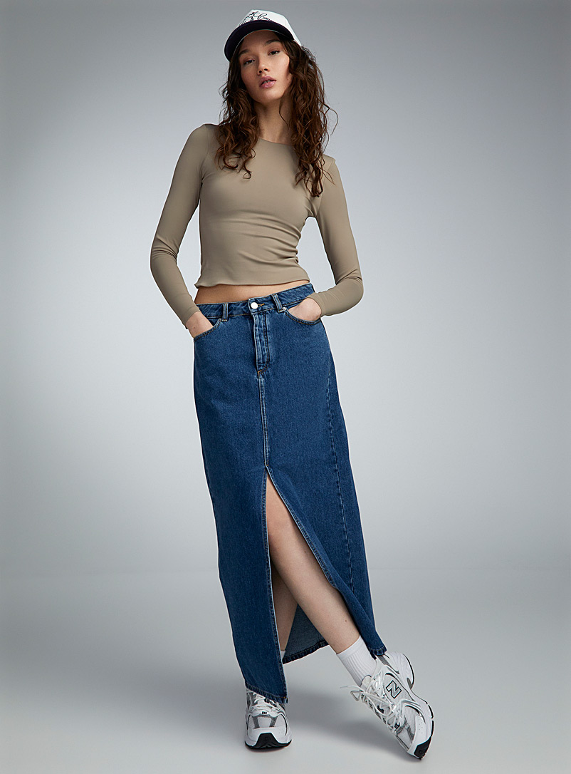 Twik: La jupe maxi denim à fente Bleu foncé - Indigo pour femme