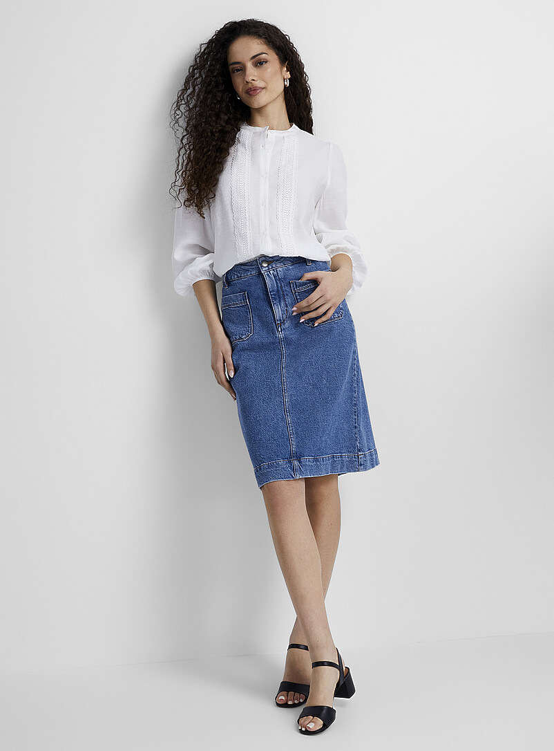 La Jupe Denim Extensible Poches Plaqu es Contemporaine Jupes En la-jupe-denim-extensible-poches-plaqu-es-contemporaine-jupes-en
