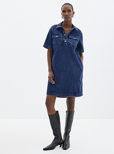 Contemporaine Blue Button-collar stretch denim dress for women