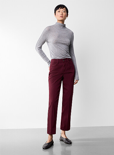 Contemporaine: Le pantalon extensible denim l&eacute;ger <b>Coupe : jambe droite, taille r&eacute;guli&egrave;re</b> Bourgogne pour femme