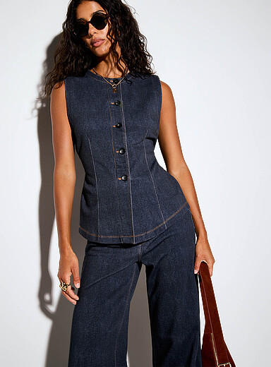 Terry underside faux-denim cinched waist vest