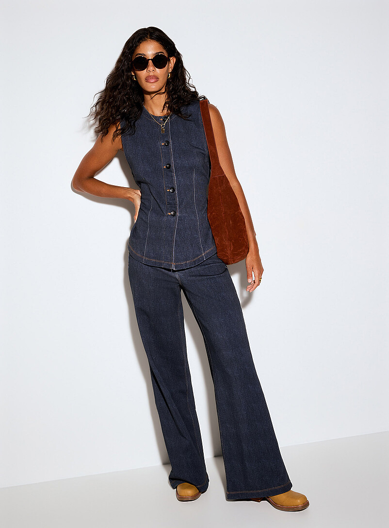 Ic&ocirc;ne Navy/Midnight Blue Cinched-waist terry-sided faux-denim vest for women