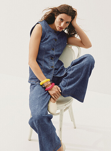 Ic&ocirc;ne Blue Terry-sided faux-denim wide-leg pant for women