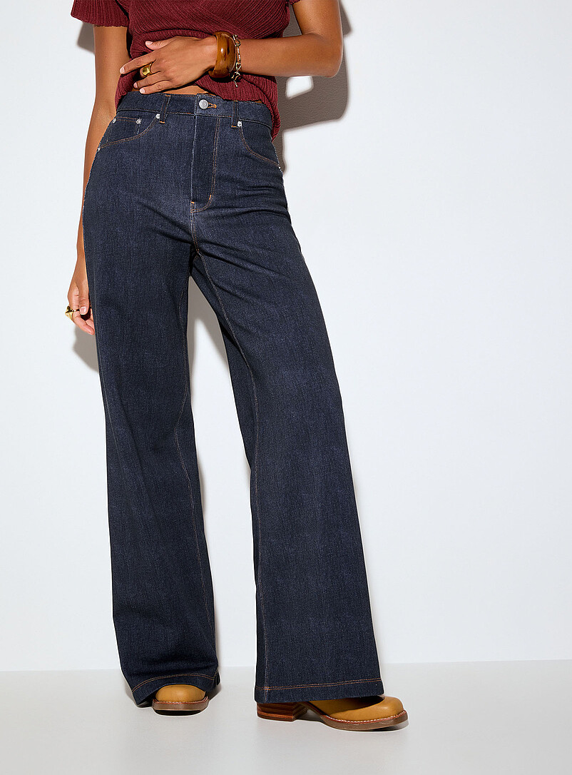 Ic&ocirc;ne: Le pantalon large effet denim envers ratin&eacute; Bleu marine - Bleu nuit pour femme