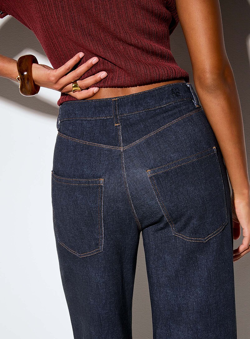Ic&ocirc;ne: Le pantalon large effet denim envers ratin&eacute; Bleu marine - Bleu nuit pour femme