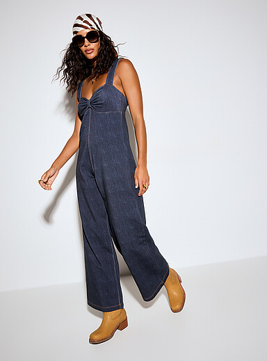 Terry underside denim effect gathered-bust jumpsuit