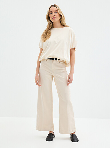 Contemporaine Ivory/Cream Beige Plain colourful stretch jean <b>Fit: Wide leg, high rise</b> for women