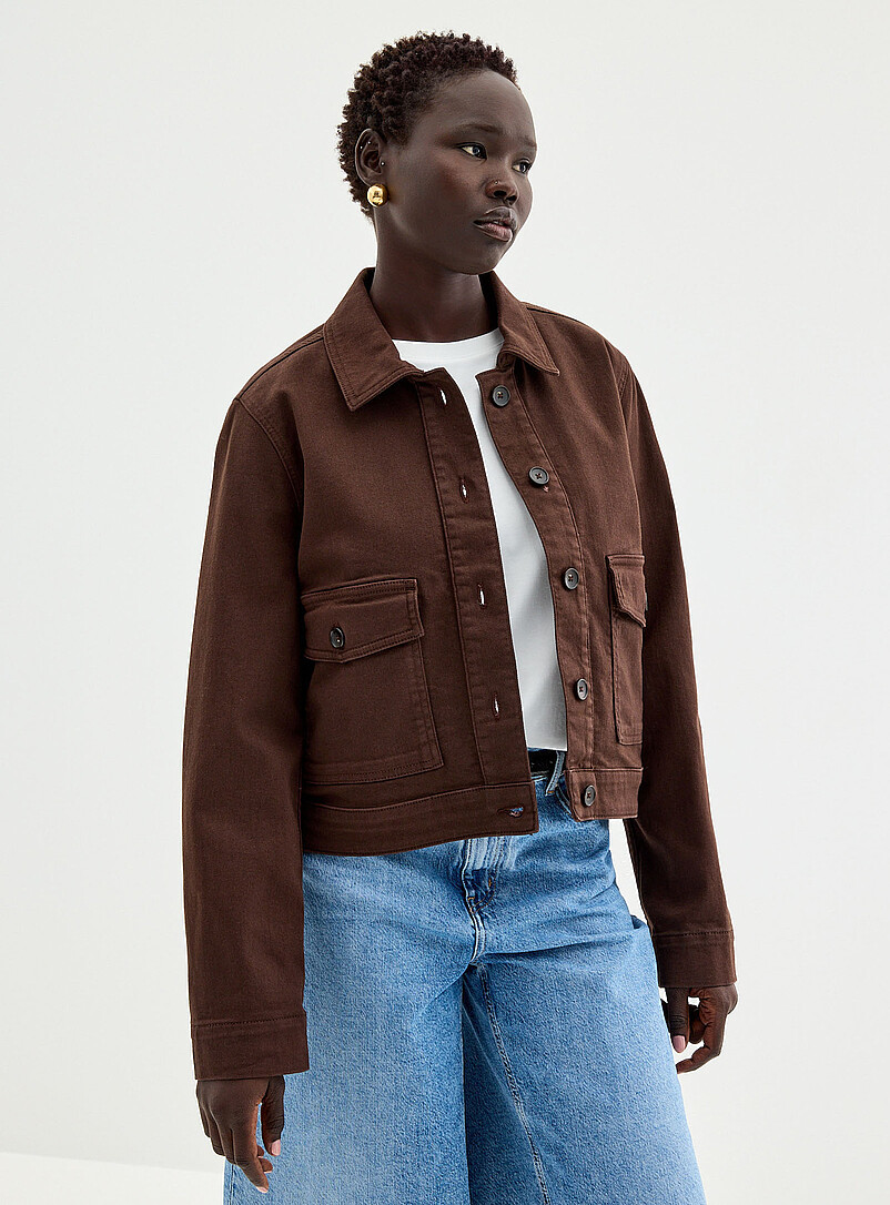Contemporaine: La veste courte denim color&eacute; Ivoire - Beige cr&egrave;me pour femme