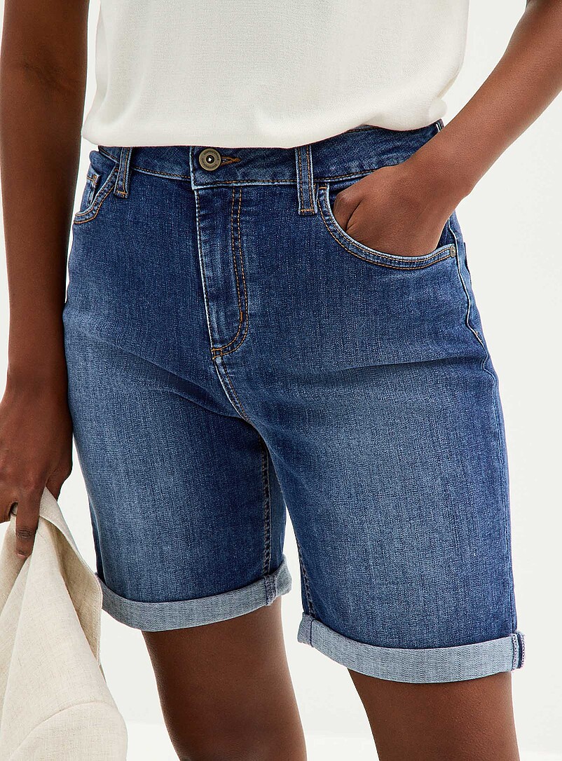 Contemporaine Blue Sewn rolled hem denim Bermuda short <b>Fit: Slim leg, regular rise</b> for women