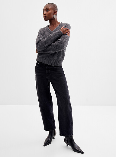 Contemporaine Grey Silver button topstitched faded grey jean <b>Fit: balloon leg, mid-rise style</b> for women