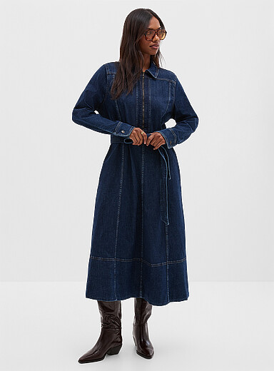 Contemporaine: La robe denim zipp&eacute;e ceinture nou&eacute;e Bleu pour femme
