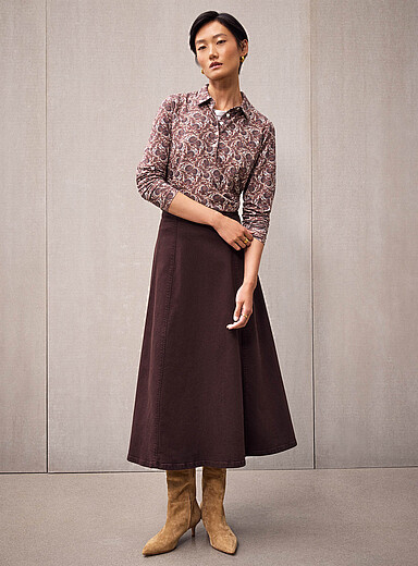 Coloured denim flared maxi skirt