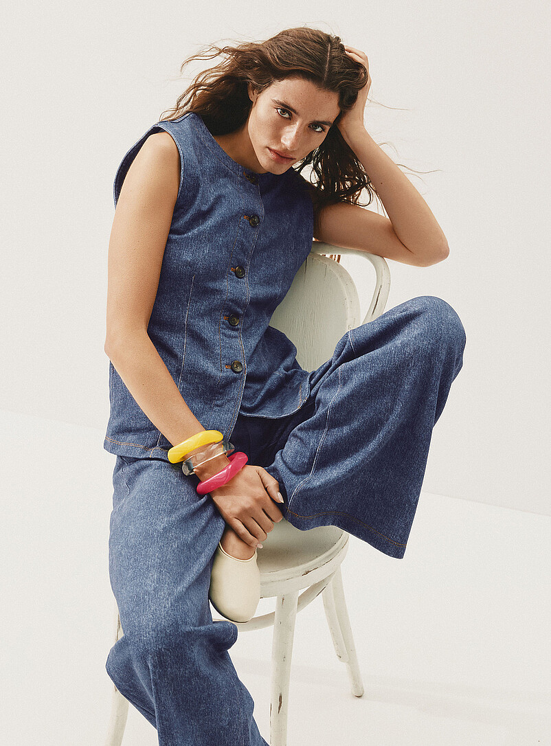 Terry-sided faux-denim wide-leg pant product image (primary)
